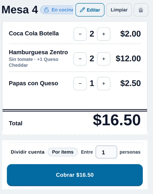 Cuenta de la Mesa 4 en caja: total $16.50 y botón para cobrar