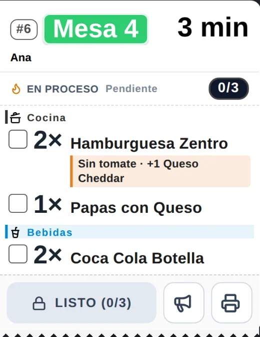 Comanda de la Mesa 4 en la pantalla de cocina, recibida hace 3 minutos