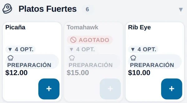 Menú del mesero con el Tomahawk marcado como agotado y bloqueado