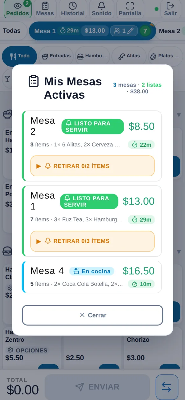 Mis mesas activas del mesero: Mesa 1 y Mesa 2 listas para servir y Mesa 4 en cocina