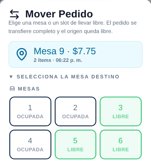 Ventana para mover el pedido de la Mesa 9 a otra mesa libre