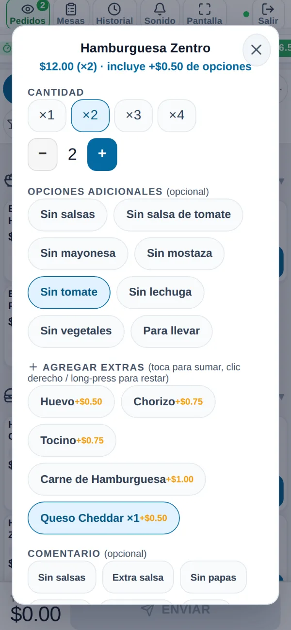 Opciones de la Hamburguesa Zentro en el celular del mesero: dos unidades, sin tomate y con queso cheddar